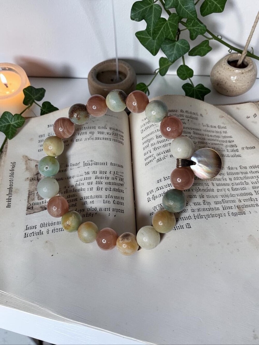 Handmade Multi-Color Beaded Bracelet with Mother-of-Pearl Charm
